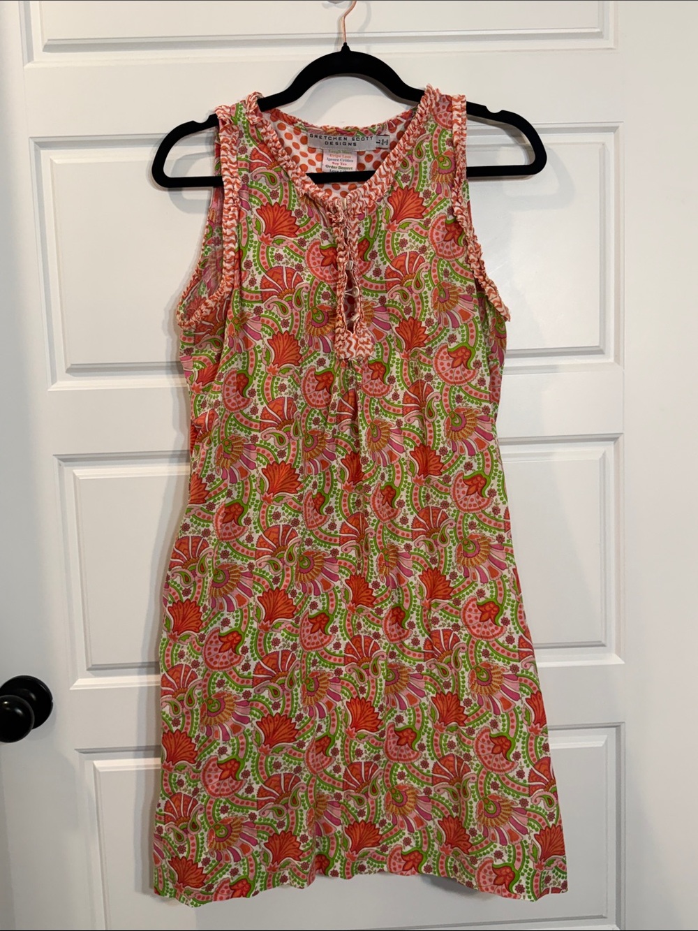 Gretchen Scott Designs Sleeveless Paisley Shift Dress Ruffle Trim pockets large